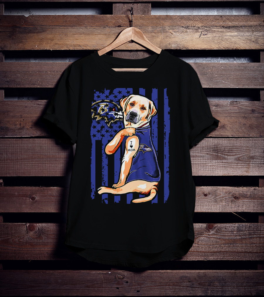 Labrador Retriever In Baltimore Ravens Jersey With I Love Mom Tattoo T-Shirt