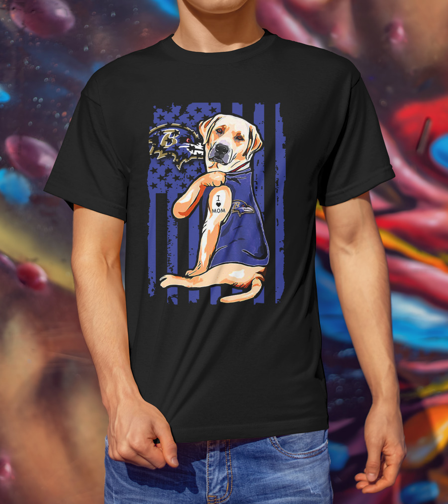 Labrador Retriever In Baltimore Ravens Jersey With I Love Mom Tattoo T-Shirt