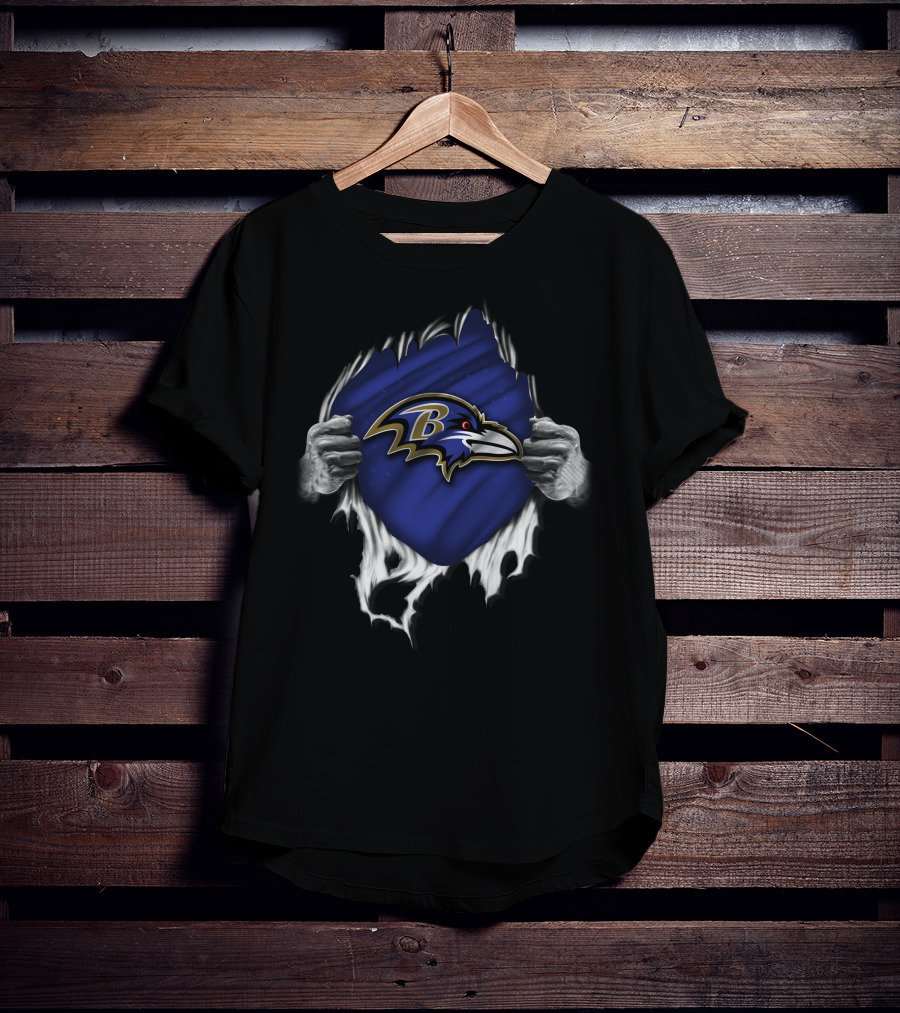 Torn Baltimore Ravens Logo Revealed By Ripped Hands T-Shirt