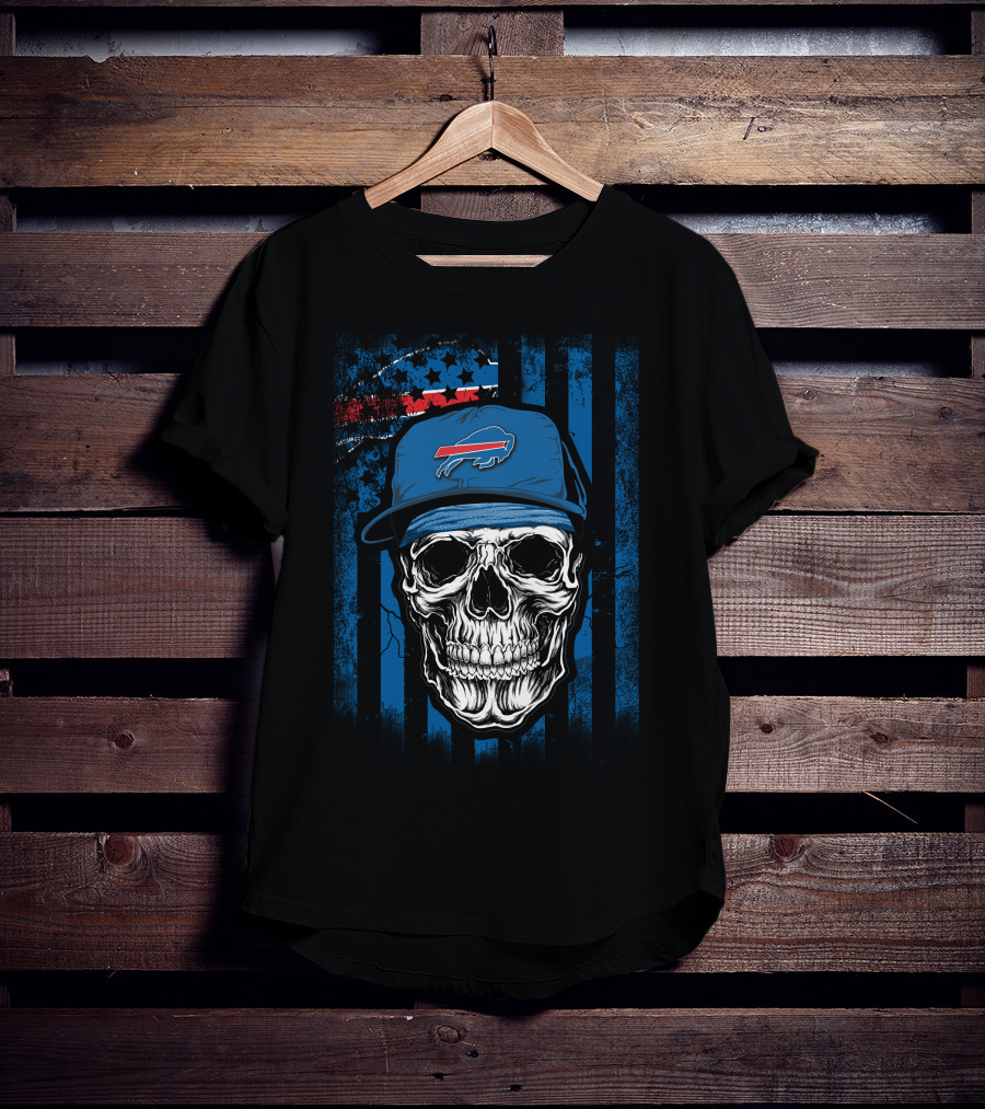Buffalo Bills Skull With Cap American Flag Background T-Shirt