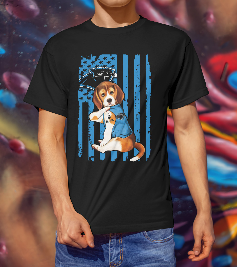 Beagle Carolina Panthers I Love Mom Tattoo American Flag T-Shirt