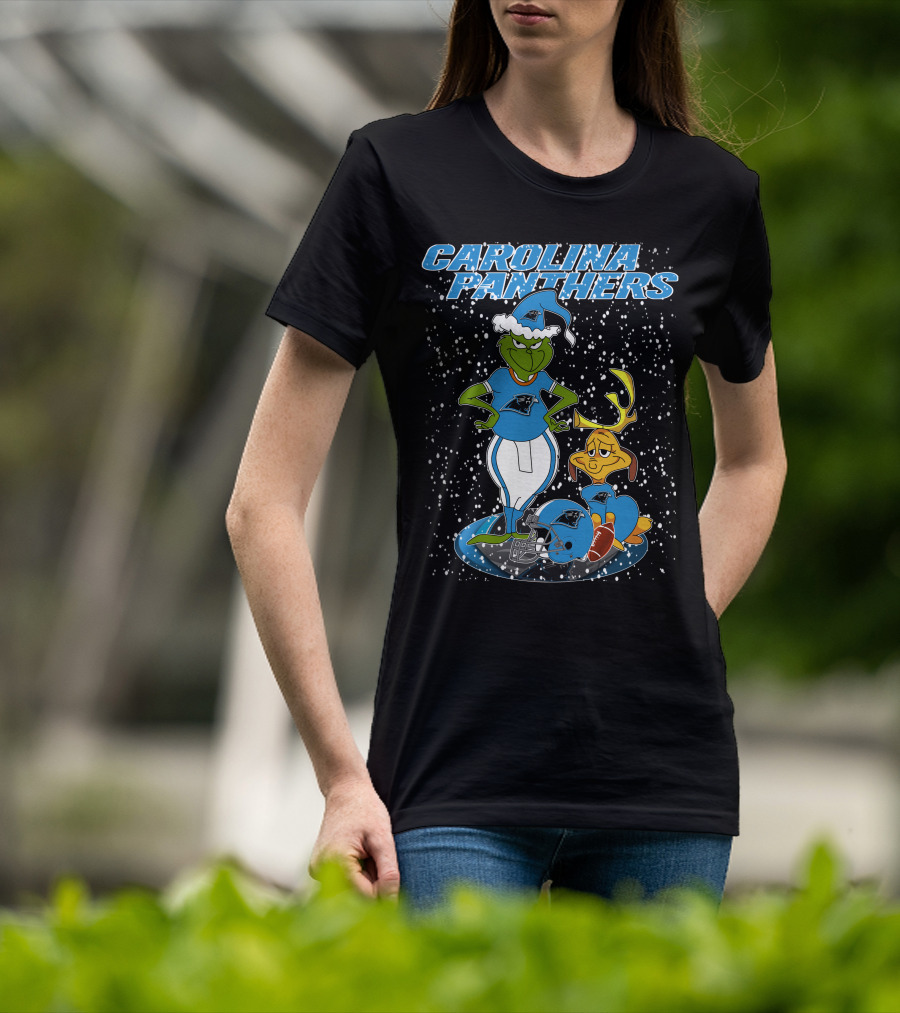 CAROLINA PANTHERS Grinch Christmas Snow Scene With Grinch And Max T-Shirt
