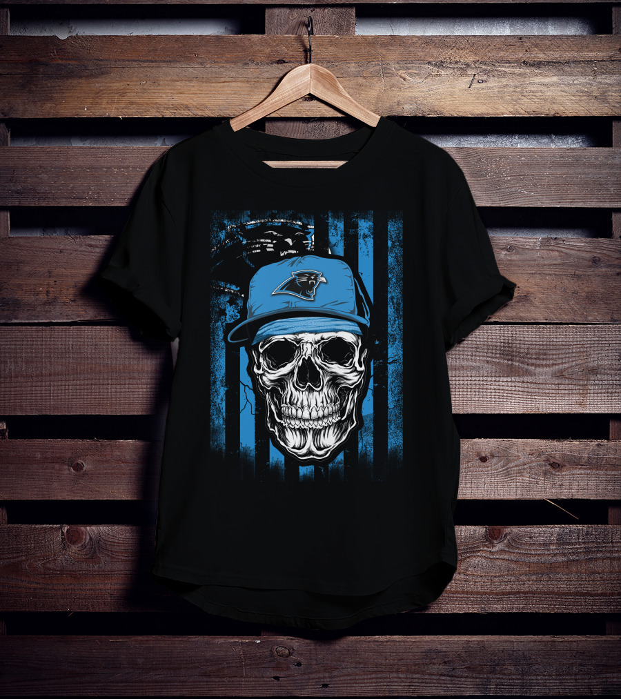 Skull Wearing Carolina Panthers Hat With Blue And Black Stripes T-Shirt