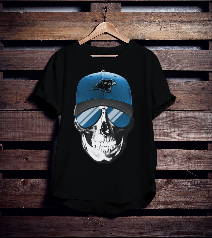 Skull With Blue Hat Featuring Carolina Panthers Logo And Reflective Sunglasses T-Shirt