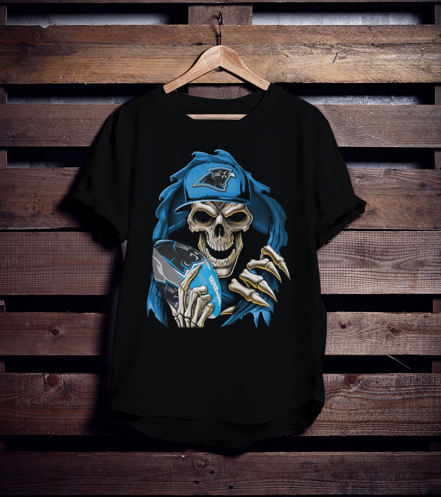 Skullbong Carolina Panthers Football Skeleton With Cap And Ball T-Shirt
