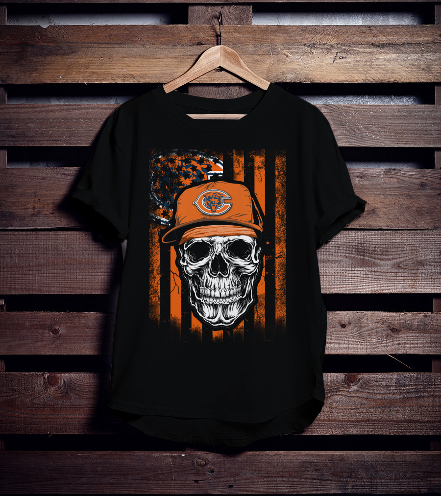 Skull Wearing Chicago Bears Cap With Orange Stripes And Logo Background T-Shirt