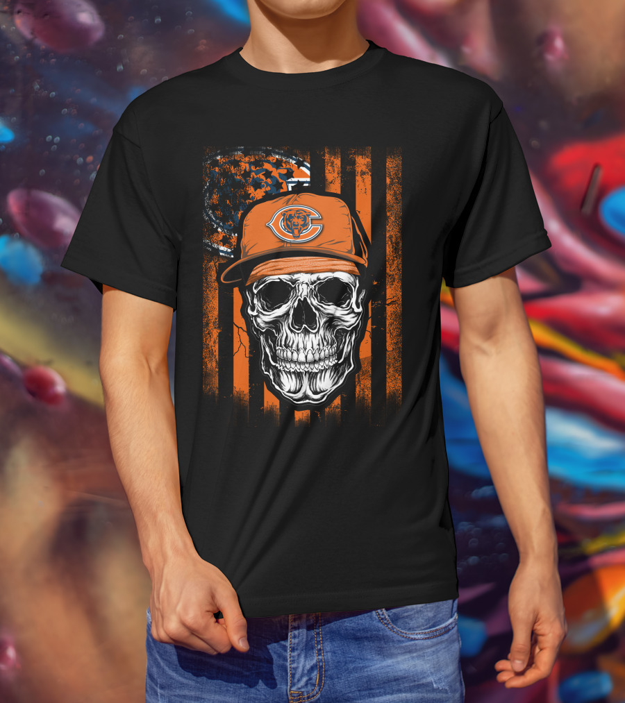 Skull Wearing Chicago Bears Cap With Orange Stripes And Logo Background T-Shirt