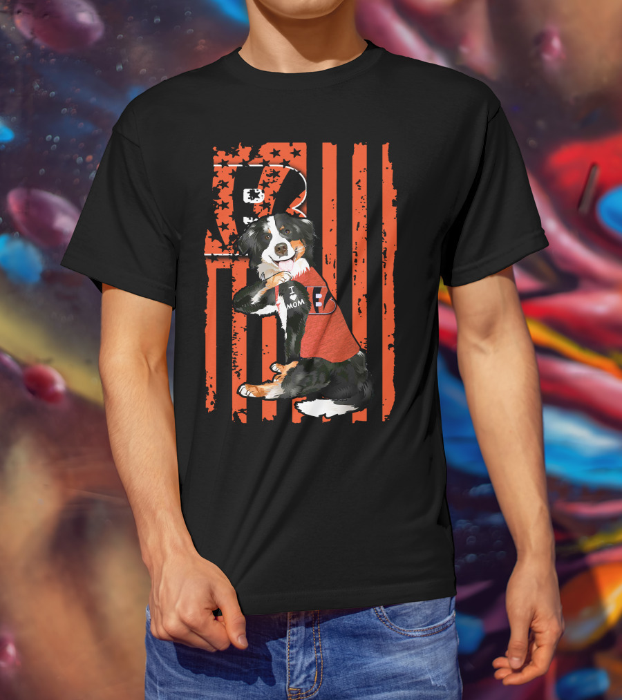 Border Collie I Love Mom Cincinnati Bengals Stripes T-Shirt