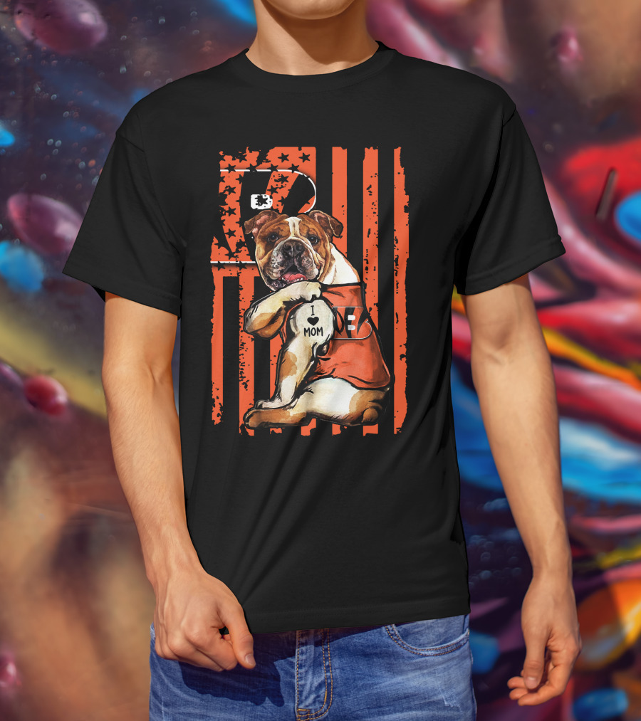 Bulldog Cincinnati Bengals I Love Mom Stripes T-Shirt