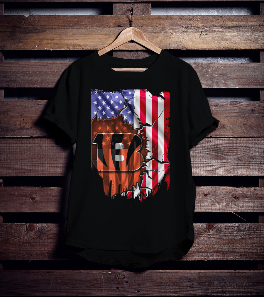 Bengals Stripes And American Flag Cincinnati Bengals 13 T-Shirt