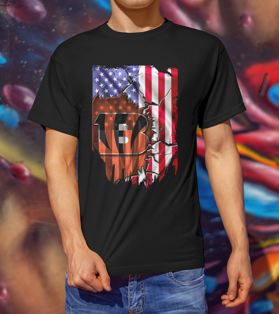 Bengals Stripes And American Flag Cincinnati Bengals 13 T-Shirt