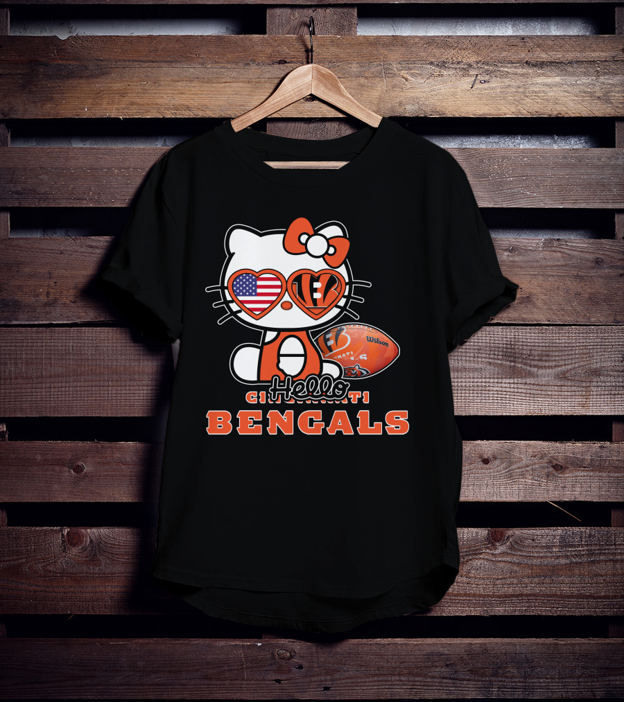 Hello Kitty Cincinnati Bengals Football Heart Glasses USA Flag T-Shirt
