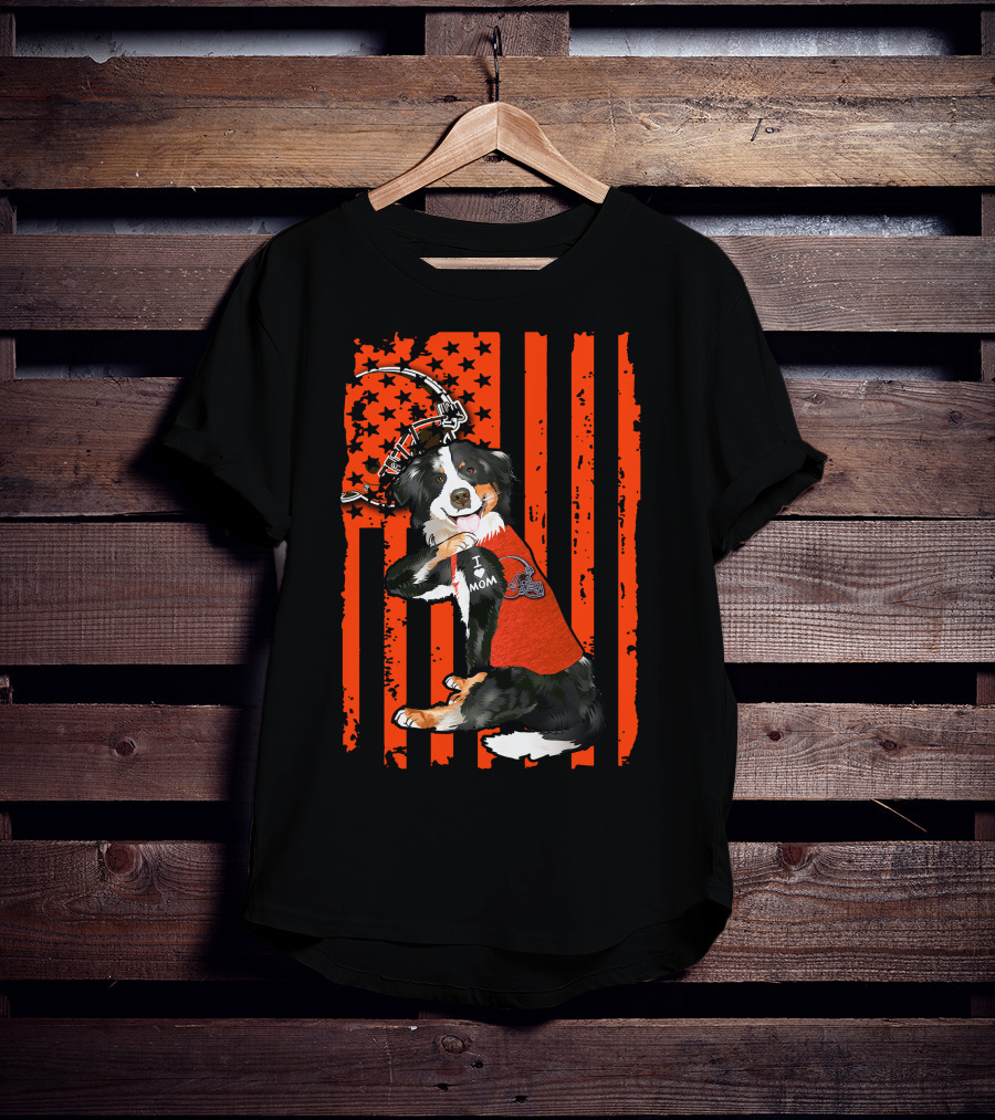 Border Collie I Love Mom Cleveland Browns Football American Flag T-Shirt