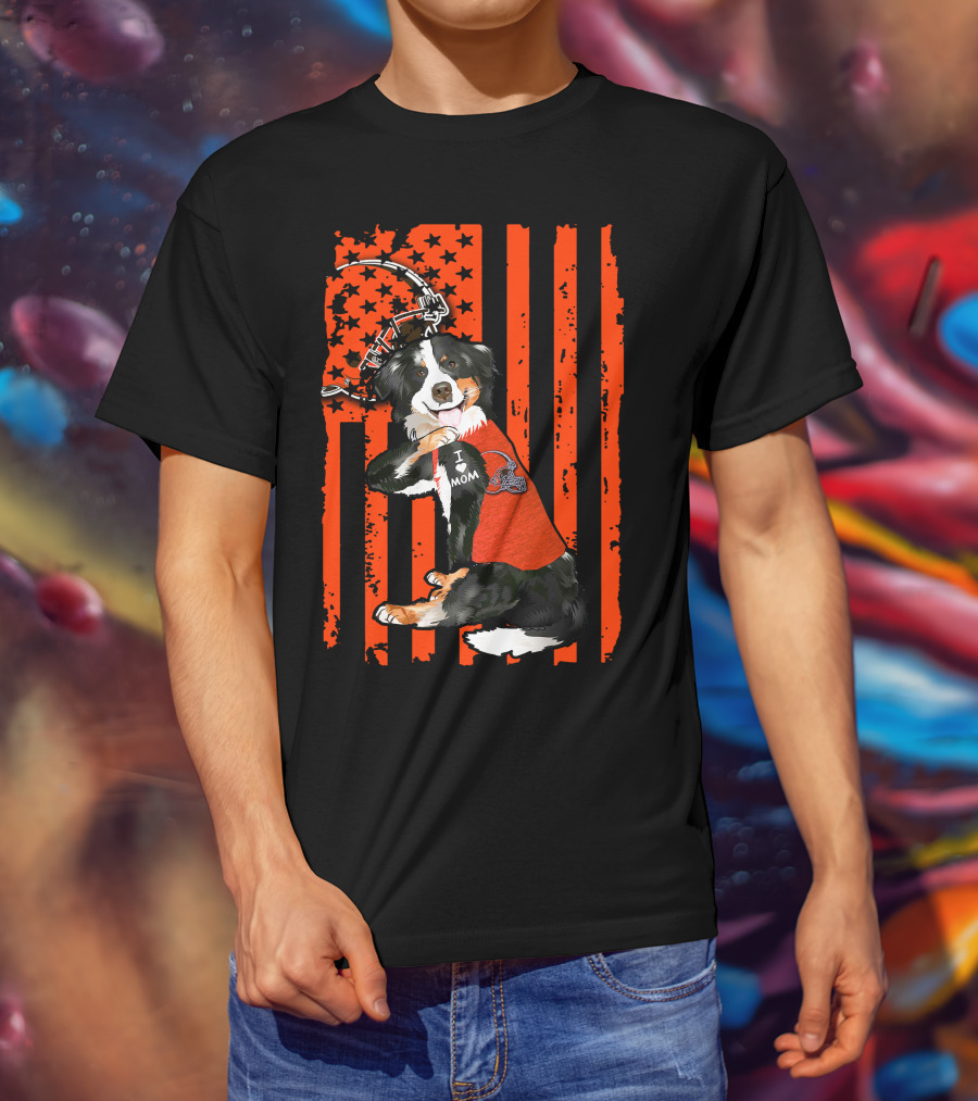 Border Collie I Love Mom Cleveland Browns Football American Flag T-Shirt