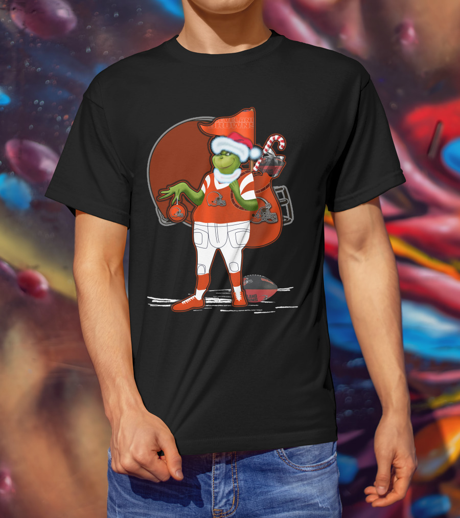 Grinchxmas Cleveland Browns Festive Football Santa With Helmet And Candy Cane T-Shirt