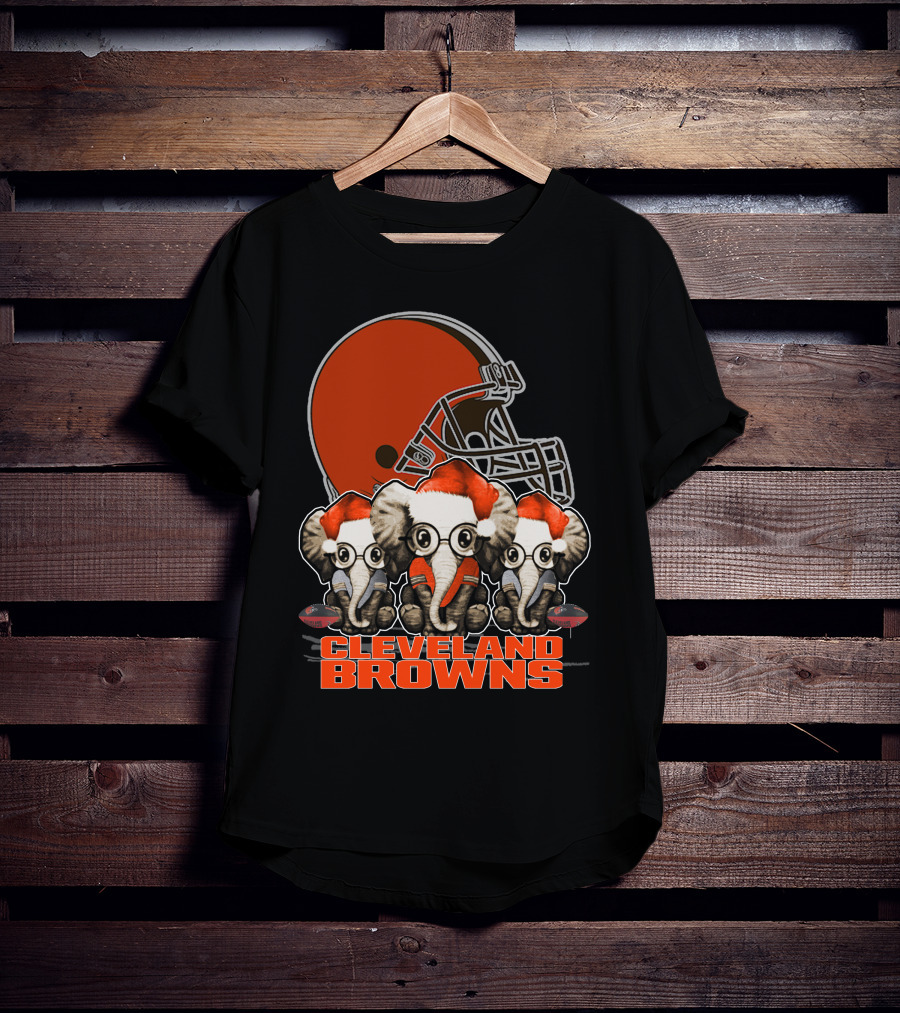 Cleveland Browns Christmas Elephants In Santa Hats Football Helmet T-Shirt