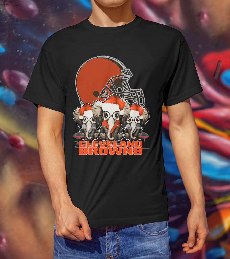 Cleveland Browns Christmas Elephants In Santa Hats Football Helmet T-Shirt