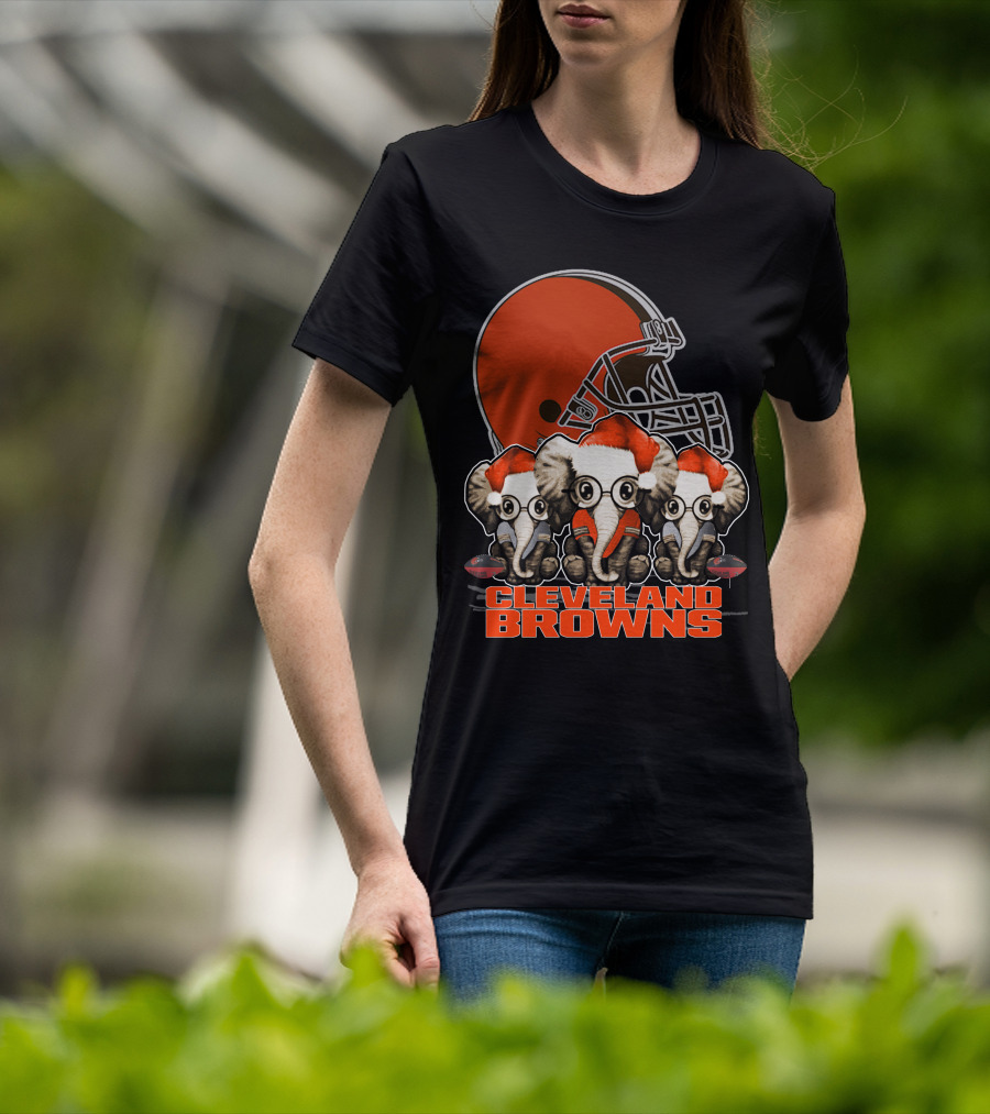 Cleveland Browns Christmas Elephants In Santa Hats Football Helmet T-Shirt