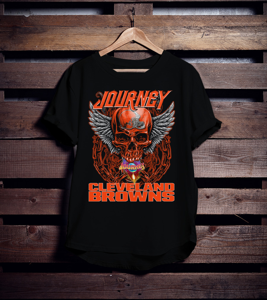 JOURNEY CLEVELAND BROWNS Winged Skull Helmet Flame Chains T-Shirt