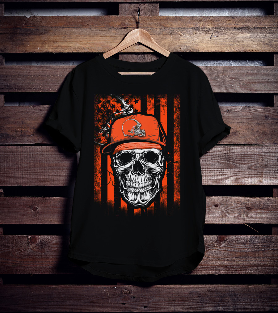 Cleveland Browns Skull Helmet Hat Orange Black Stripes T-Shirt