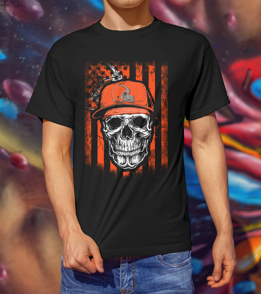 Cleveland Browns Skull Helmet Hat Orange Black Stripes T-Shirt