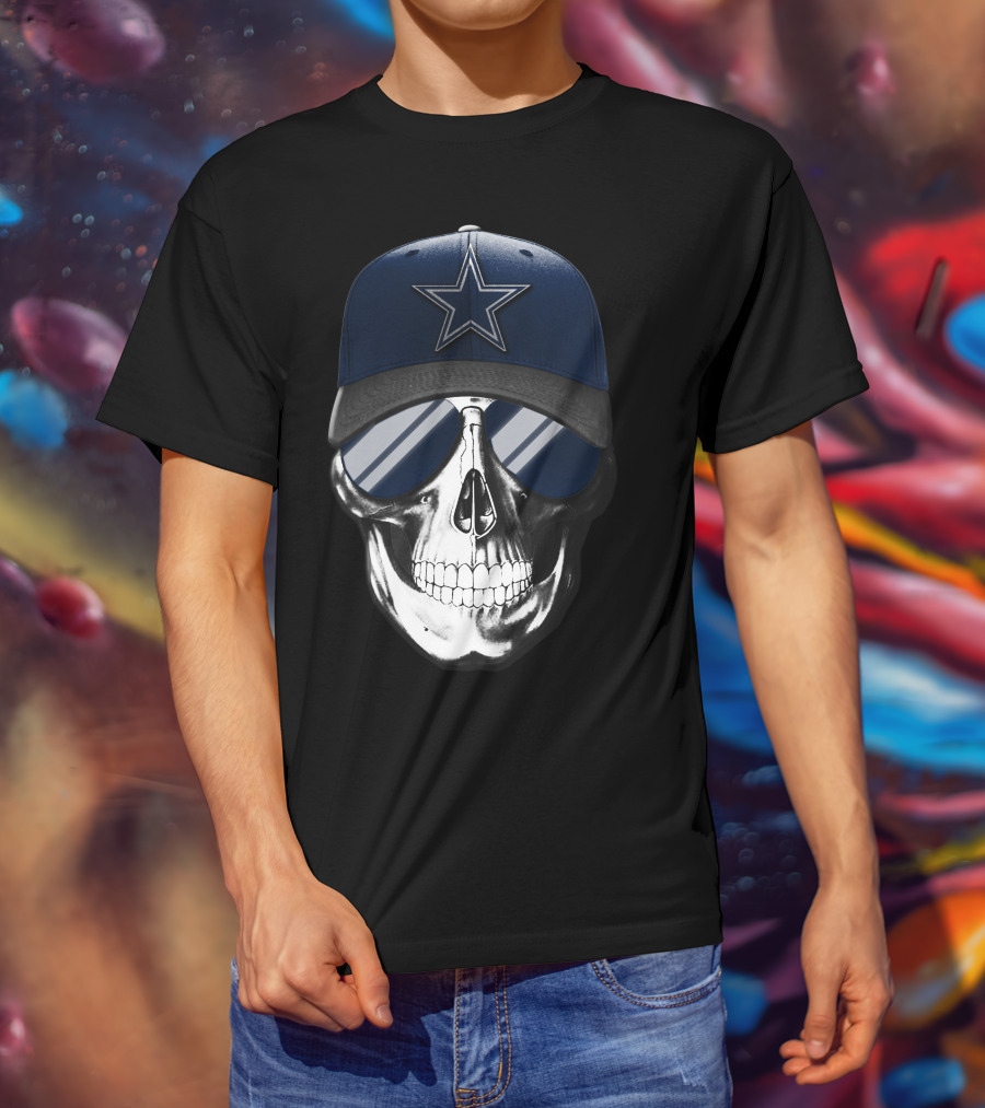 Skull Wearing Dallas Cowboys Hat And Sunglasses T-Shirt