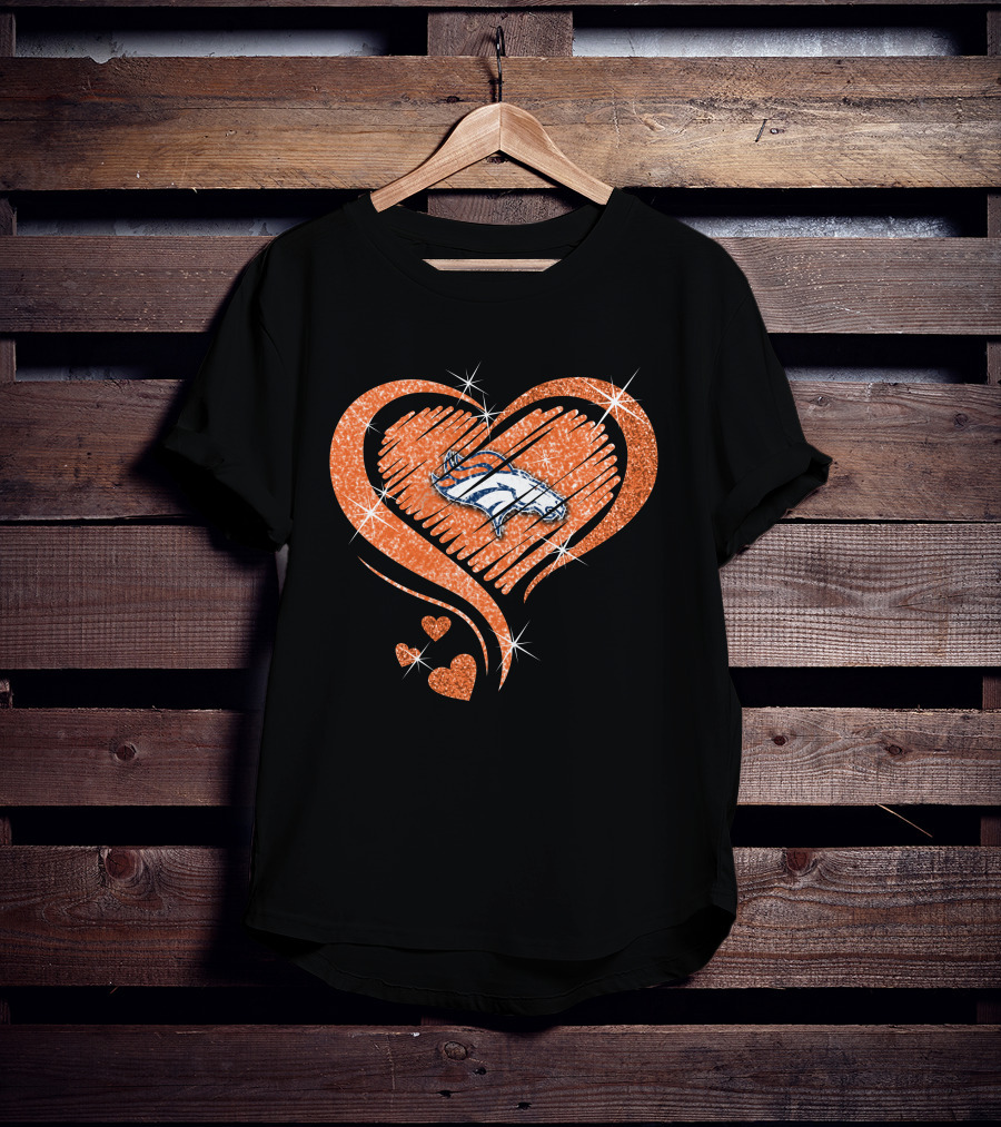 Heart Diamond Denver Broncos Sparkling Orange Emblem T-Shirt