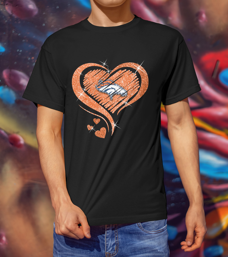 Heart Diamond Denver Broncos Sparkling Orange Emblem T-Shirt