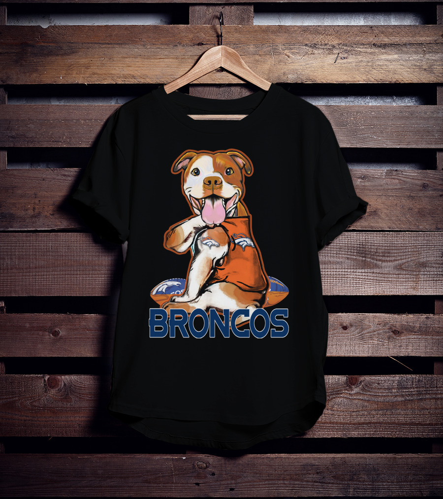 Pittbull Wearing Denver Broncos Jersey With Football And Broncos Text T-Shirt