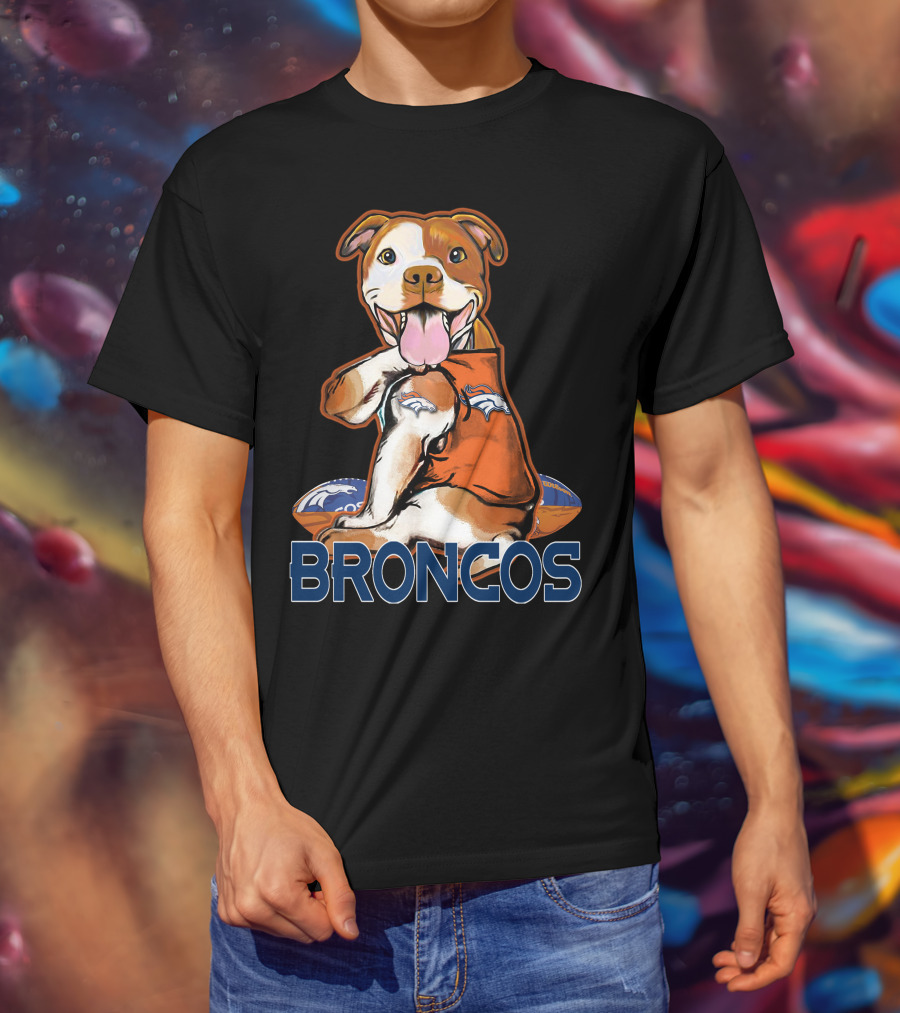 Pittbull Wearing Denver Broncos Jersey With Football And Broncos Text T-Shirt