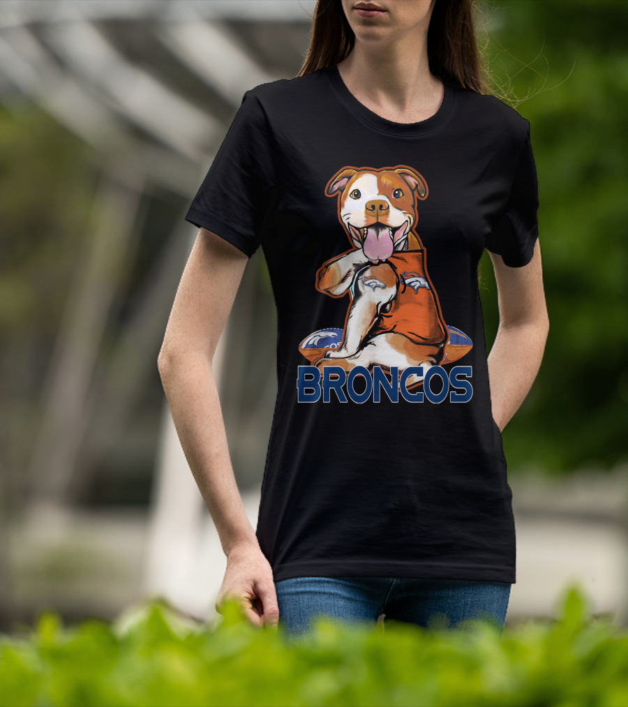 Pittbull Wearing Denver Broncos Jersey With Football And Broncos Text T-Shirt