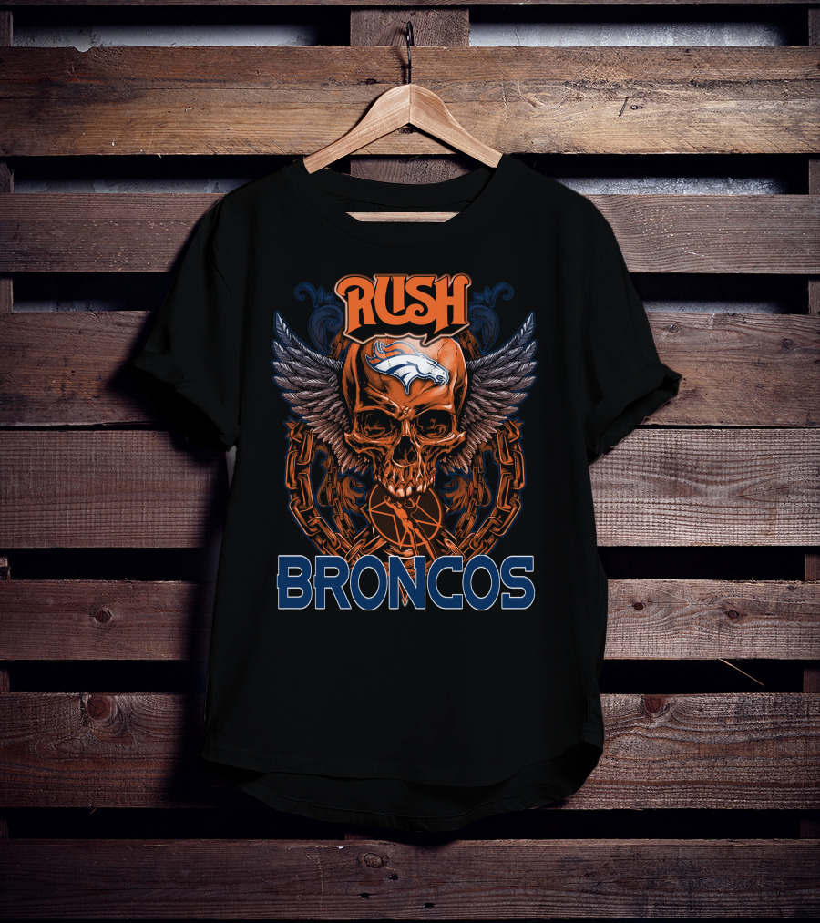 Rush Denver Broncos Skull Graphic With Wings And Chains T-Shirt