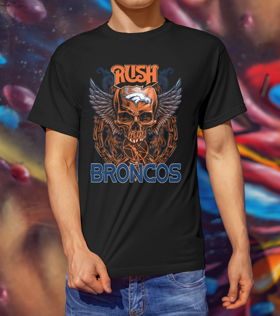 Rush Denver Broncos Skull Graphic With Wings And Chains T-Shirt
