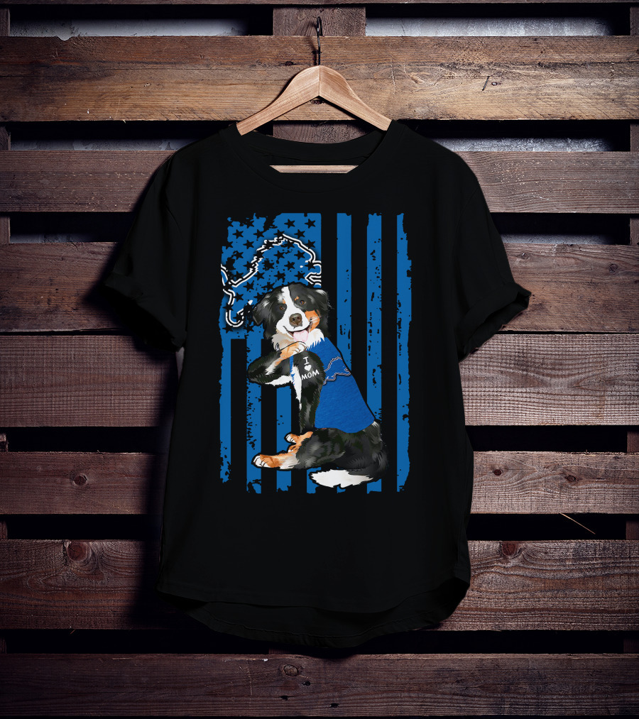Border Collie I Love Mom Detroit Lions Flag T-Shirt