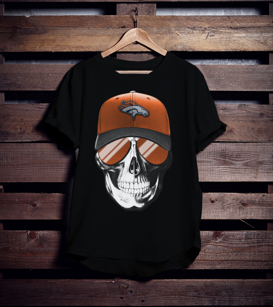 Skull Wearing Denver Broncos Hat And Sunglasses T-Shirt