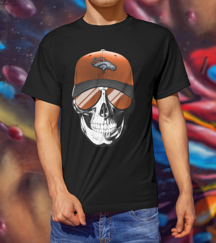 Skull Wearing Denver Broncos Hat And Sunglasses T-Shirt