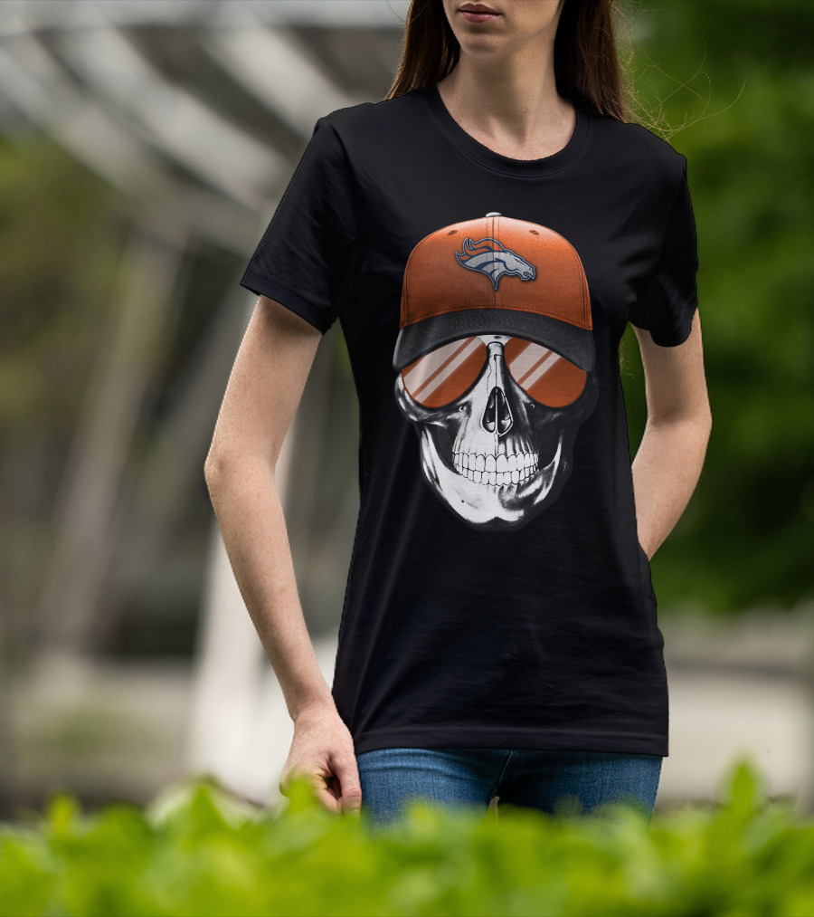 Skull Wearing Denver Broncos Hat And Sunglasses T-Shirt