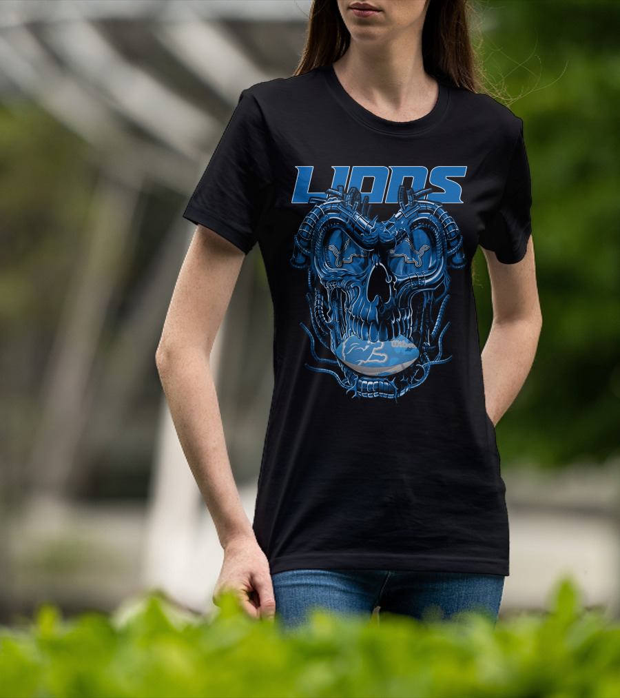 Dragonskull Lions With Detroit Football Helmet And Wilson Blue Embellishments T-Shirt