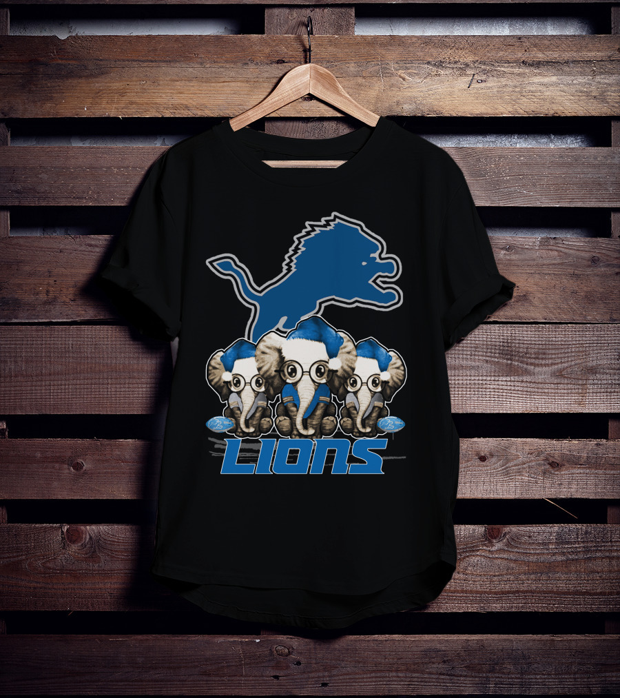 Detroit Lions Christmas Elephants With Santa Hats T-Shirt