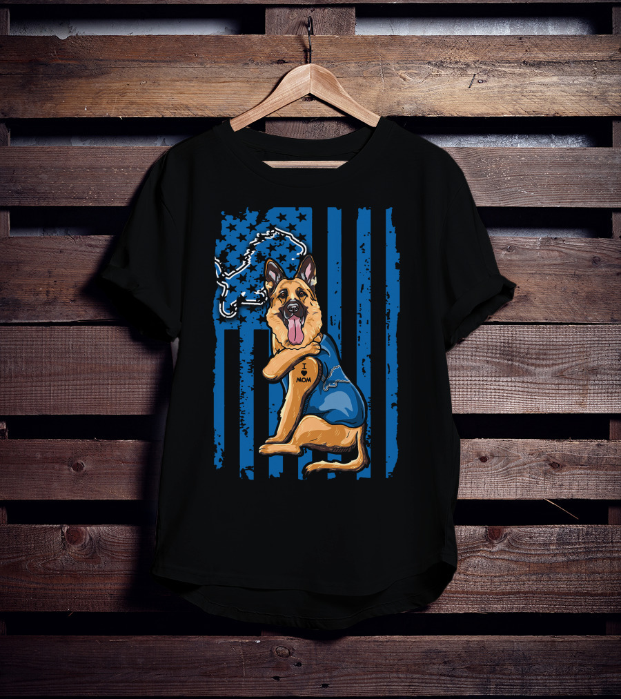 German Shepherd Wearing Detroit Lions Blue With Flag And Lion T-Shirt