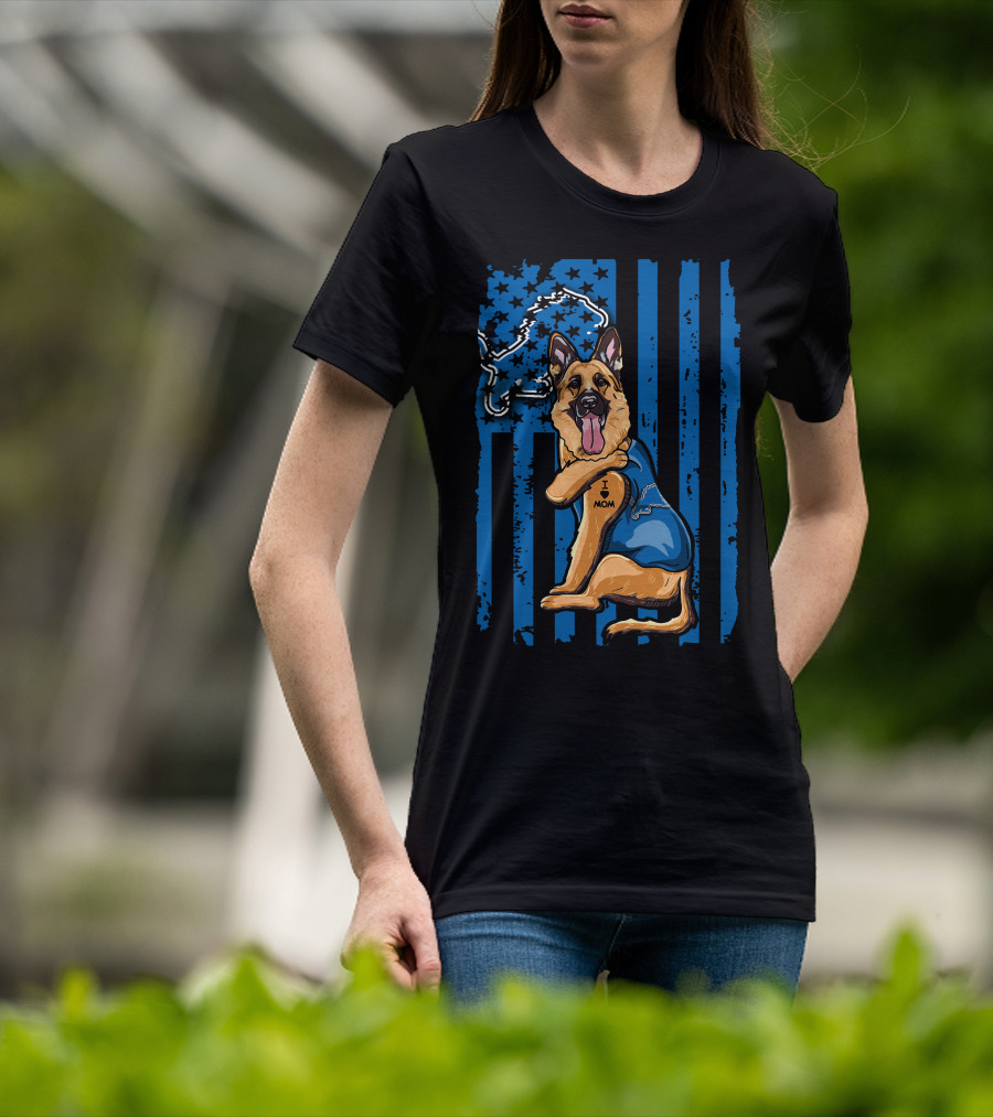 German Shepherd Wearing Detroit Lions Blue With Flag And Lion T-Shirt