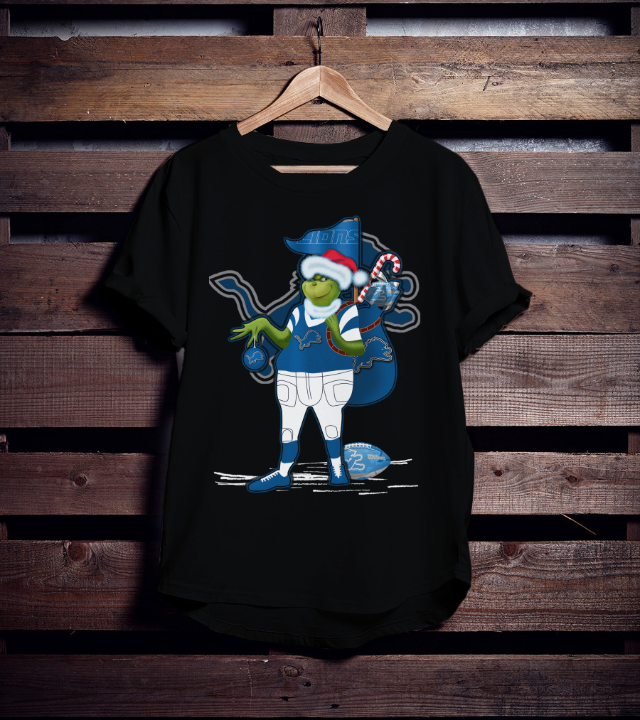 Grinchxmas Detroit Lions Santa Hat Candy Cane Football Sack T-Shirt