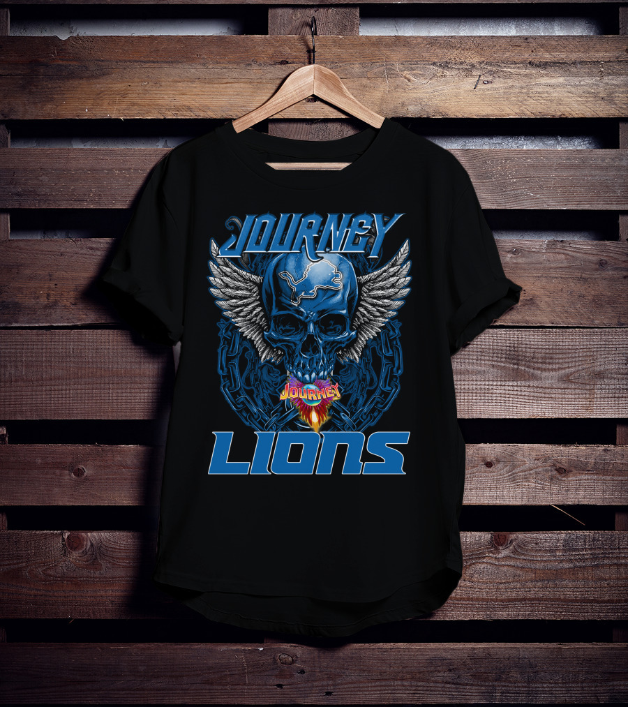 JOURNEY DETROIT LIONS Skull With Wings And Flames T-Shirt
