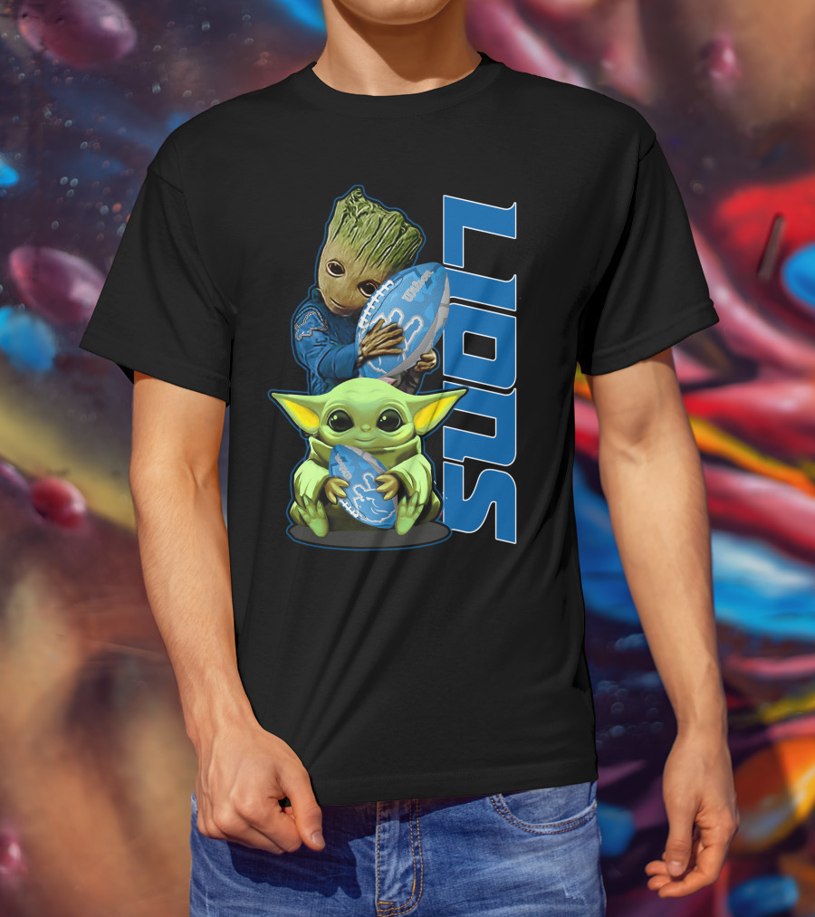 Grzd DETROIT LIONS Baby Groot And Baby Yoda With Football T-Shirt