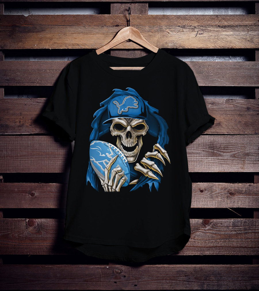 Skullbong Detroit Lions Skeleton With Football And Cap T-Shirt