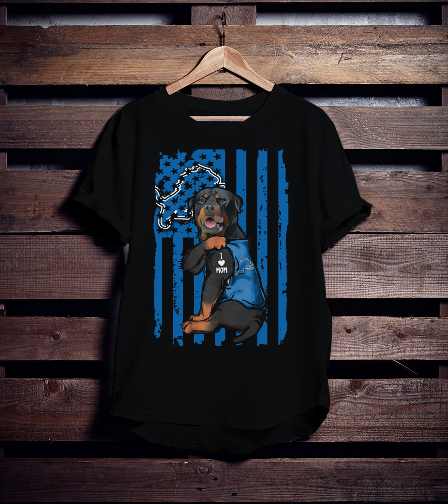 Rottweiler I Love Mom Detroit Lions Fan American Flag Background T-Shirt