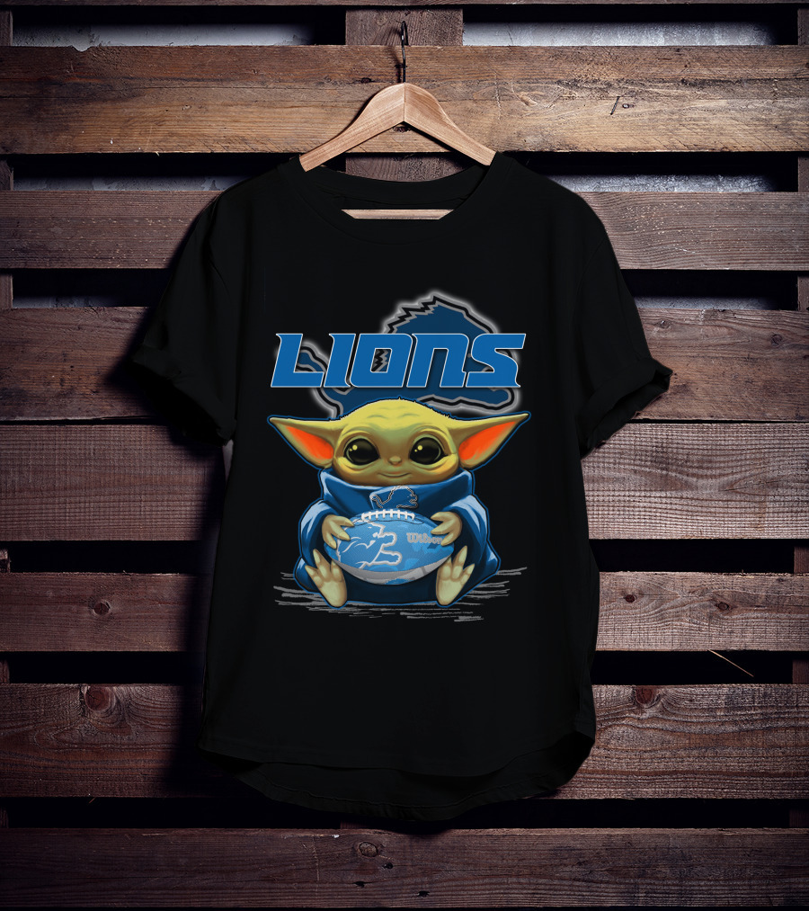 Lions Baby Yoda Holding Detroit Football Wilson T-Shirt