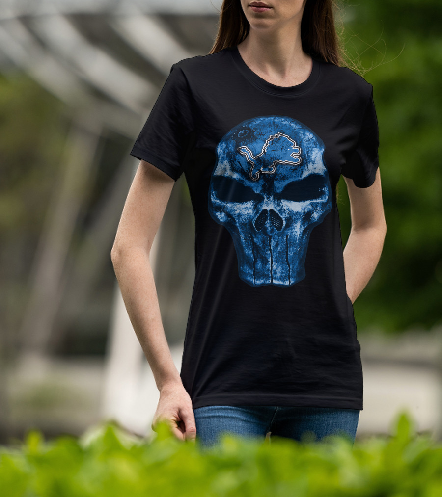 Skull Detroit Lions Blue Grunge T-Shirt