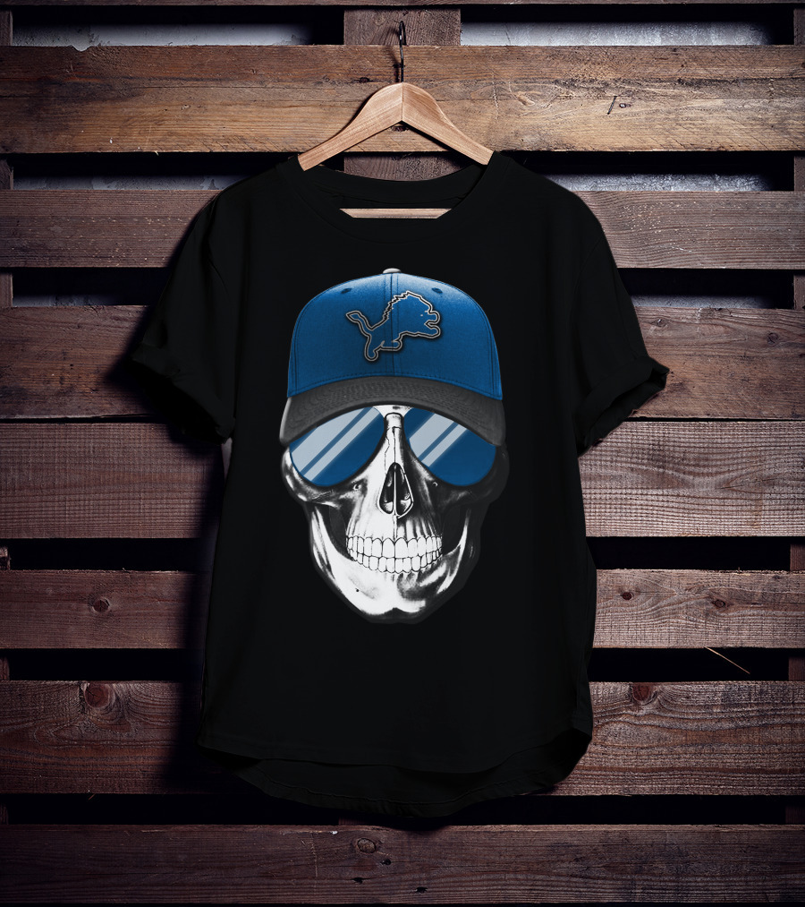 DETROIT LIONS Skull With Blue Cap And Sunglasses T-Shirt