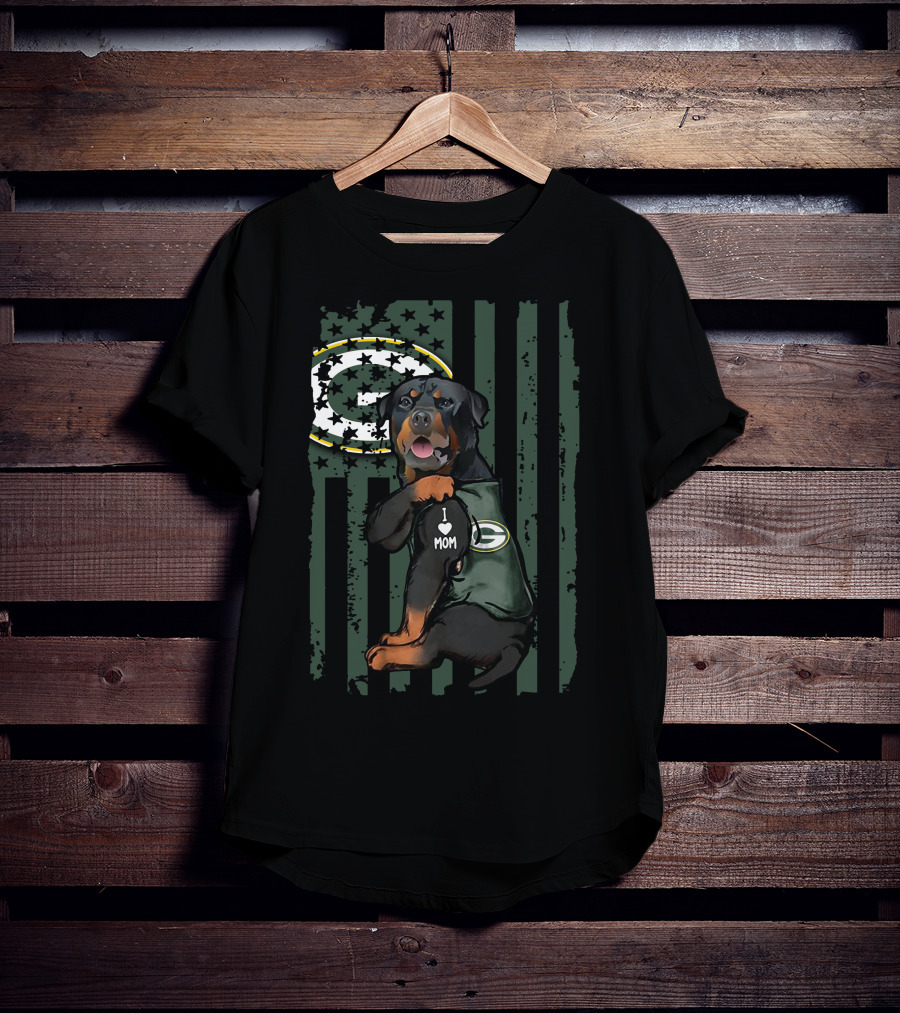 Rottweiler I Love Mom Green Bay Packers Logo Patriotic Flag T-Shirt